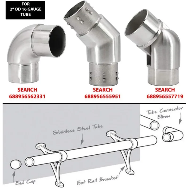 Solid Bar Mount Foot Rail Kit (2 in OD, 22 ft = 66 in x 4 Long) w/Internal Connector, Bar Mount Foot Rail Bracket, Flat End Cap