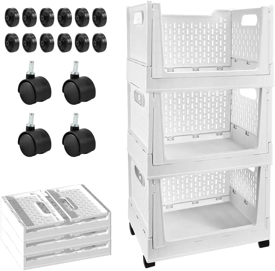 

Stackable Plastic Storage Basket, 3 Pack Foldable Closet Organizers and Storage Bins with Wheels, Collapsible Drawer Shelf St