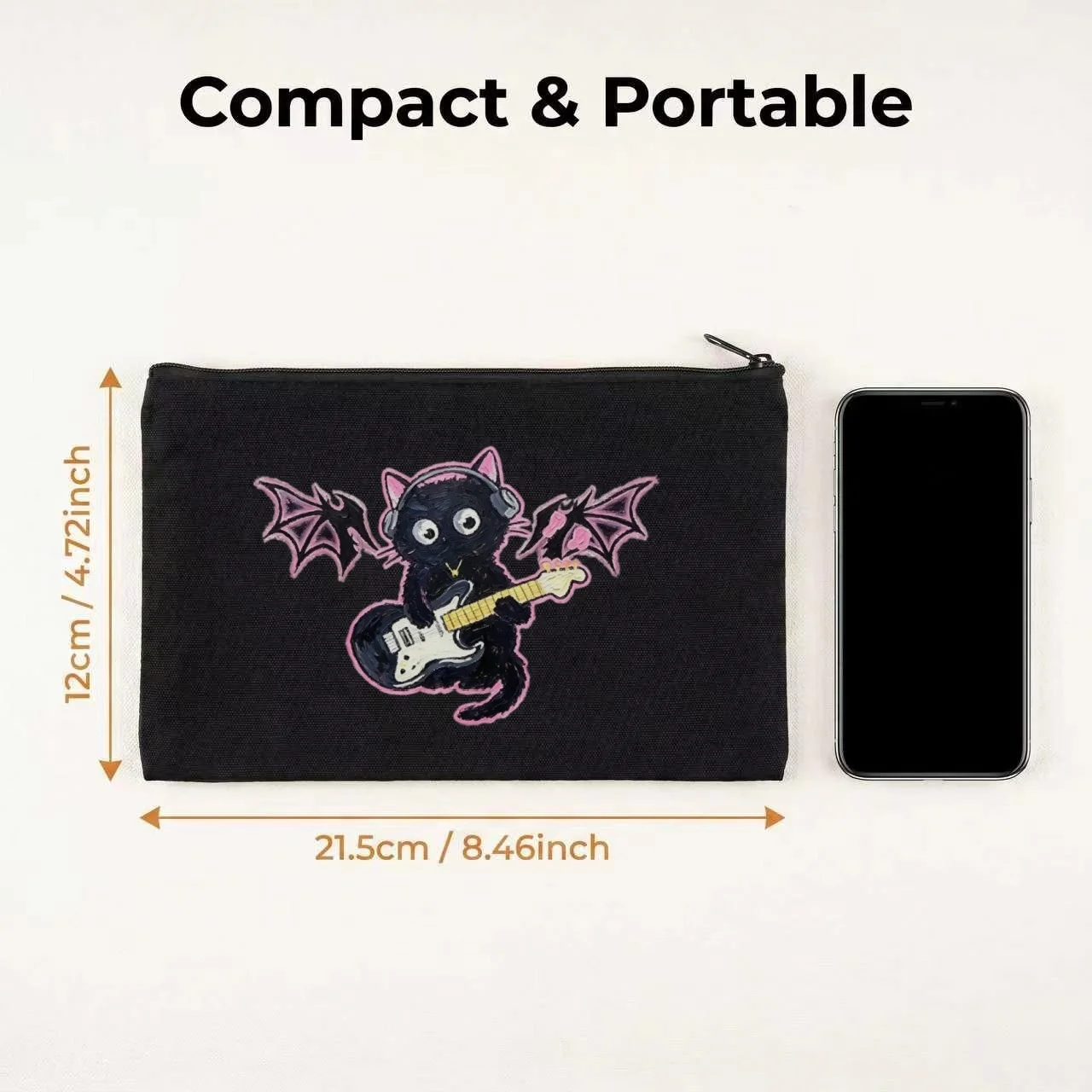 1PC Gothic Bat Wing Black Cat Headphones Electric Guitar Canvas Cosmetic Bag Double Sided Portable Travel Zipper Pouch