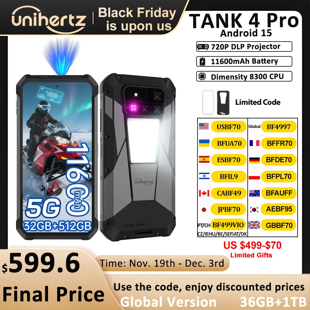 

Unihertz Tank 4 pro 8849 Smartphone Android 14 with 720P Projector 5G AI Dimensity 8300 1TB ROM 3K AMOLED 11600mAh 120W Charger