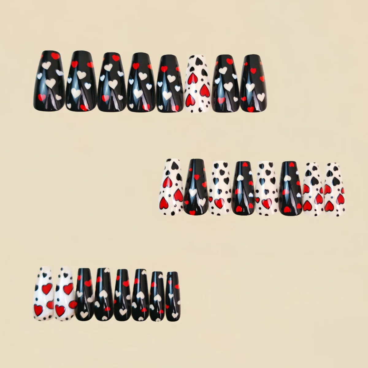 Medium long fake nails for women girls pink red black cute heart square ballet tips for Valentine's Day press on false nail art