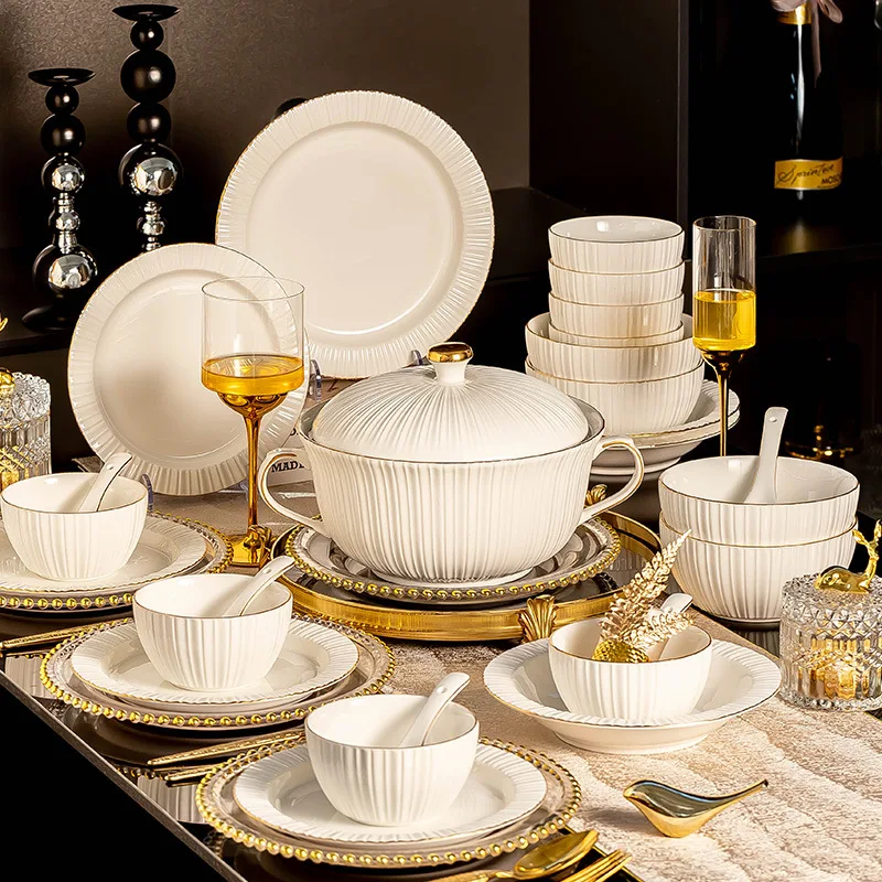 White Luxury Ceramic Plate Set Steak Plate Soup Bowl Fish Plate Dinner Dish Porcelain Tableware For Family Hotel 1Set