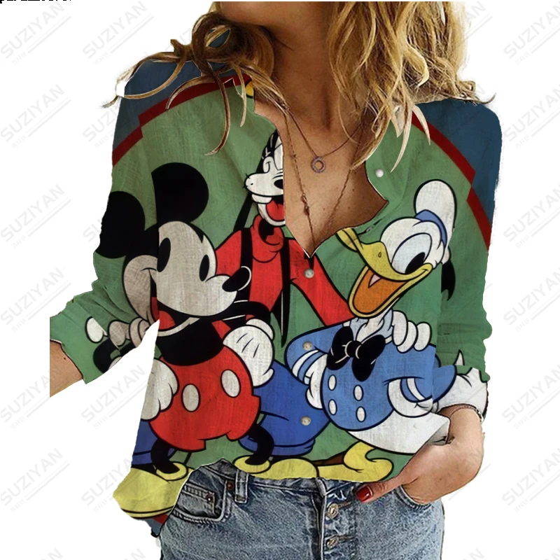 2023 nowy Disney Harajuku Slim Fit nadruk 3D damska luźna bluzka z długim rękawem do klapy casualowa śliczna koszula Plus rozmiar Y2K Michimini