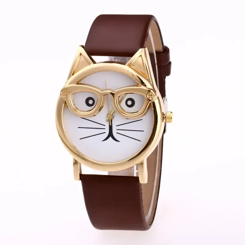 Women Geneva Watch Leather Strap Analog Quartz Wrist Watches Leopard Cat Face Glasses Kids Clock Ladies Watch Relogio Feminino