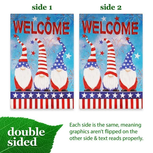 1 Ft. 1.5 Ft. Polyester Welcome 3 Patriotic Gnomes Garden Flag 2-Sided Printed B EEJ UUN