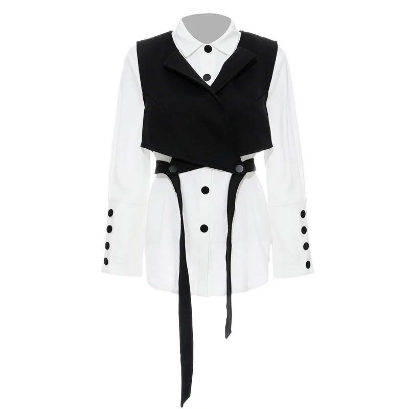 

Chic Ladies' Black and White Contrast Long-Sleeved Shirt and Lace-Up Waistcoat Fashion Two-Piece Women's Shirt Set