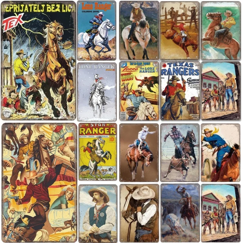 Metal Tin Poster Western Cowboys Poster Metal Tin Signs Lone Ranger Horse Retro Metal Plate Wall Decor for Jockey Club Pub