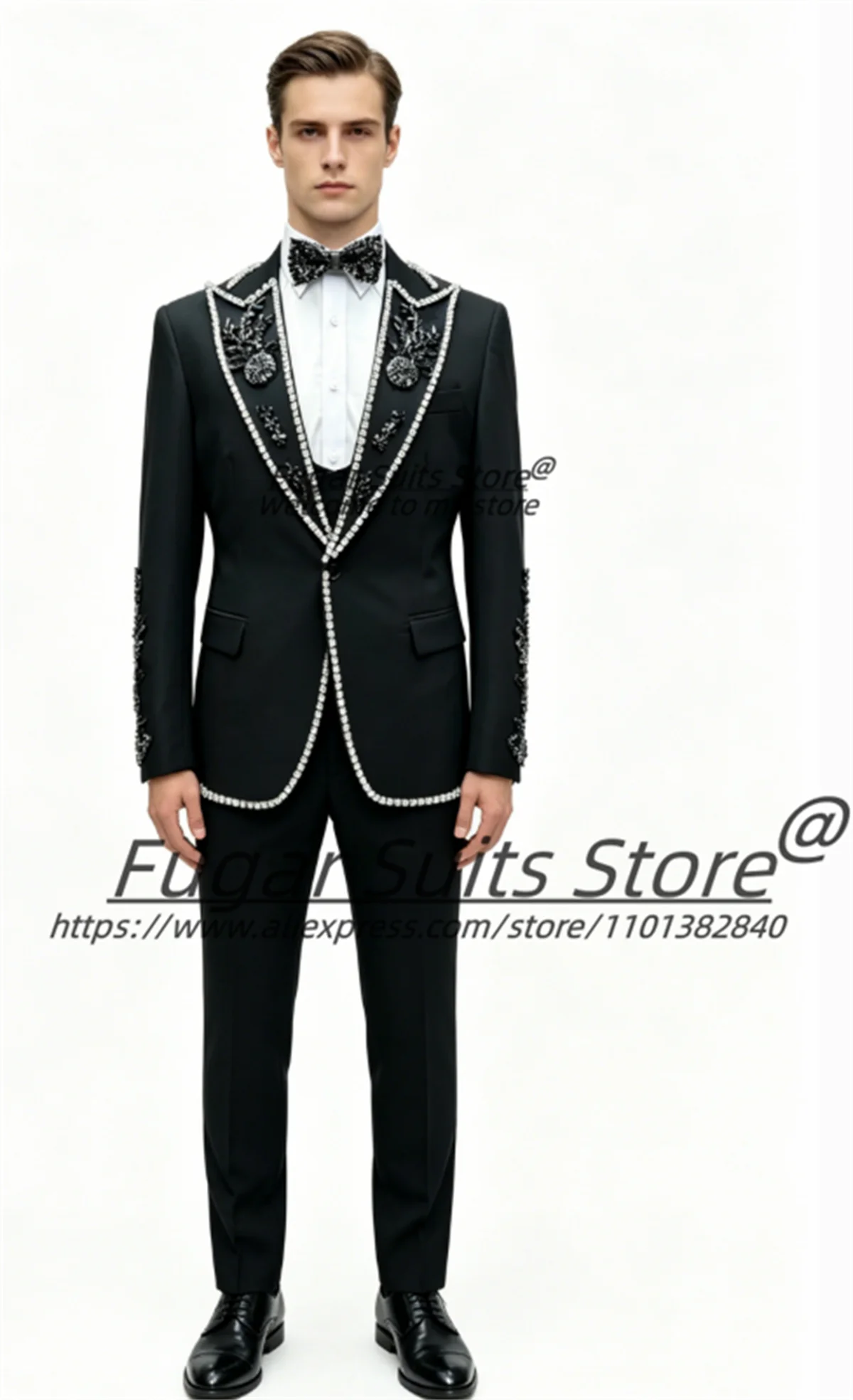 

High-end Beading Shiny Prom Men Suits Fashion Black Peaked Lapel Groom Wedding Tuxedos 3Pcs Sets Male Formal Blazers Ropa Hombre