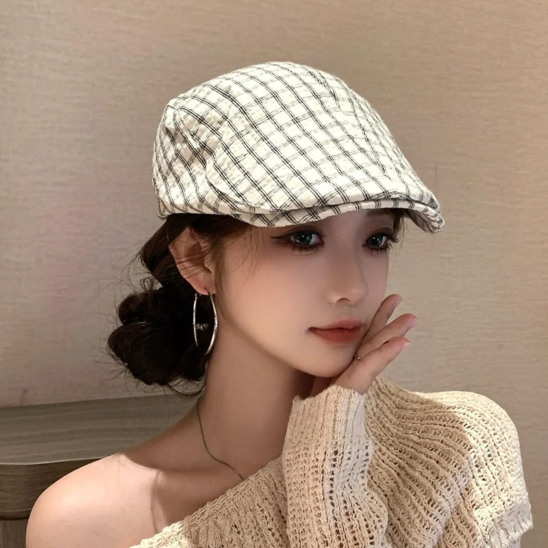 casual-plaid-beret-hat-women's-spring-autumn-versatile-pure-color-duckbill-cap-artist-hat-small-grids-advance-cap-style