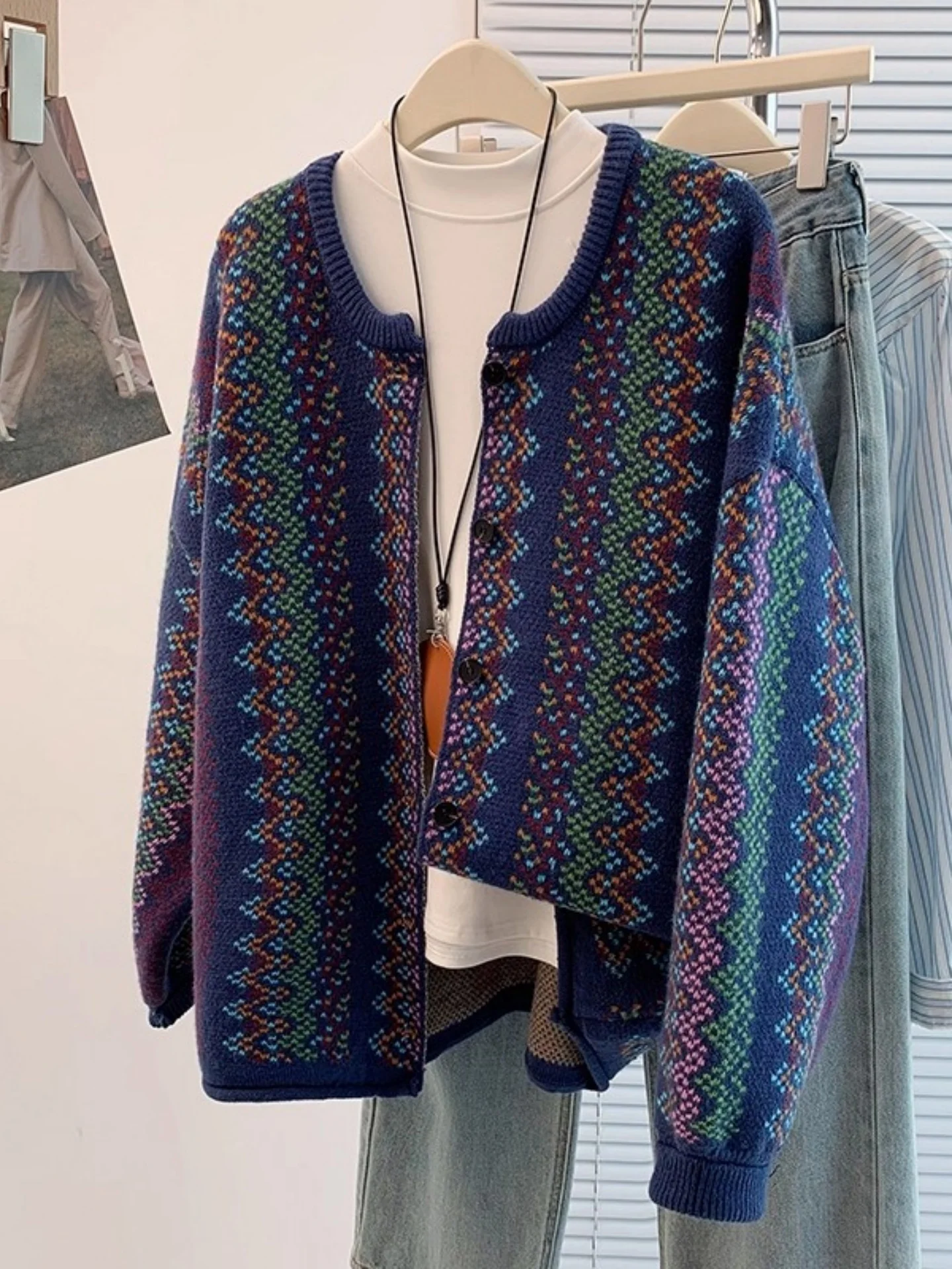 

Вязаный кардиган свободного кроя с длинными рукавами для женщин больших размеров, в этническом стиле, повседневный, из мягкого материала, весна-осень