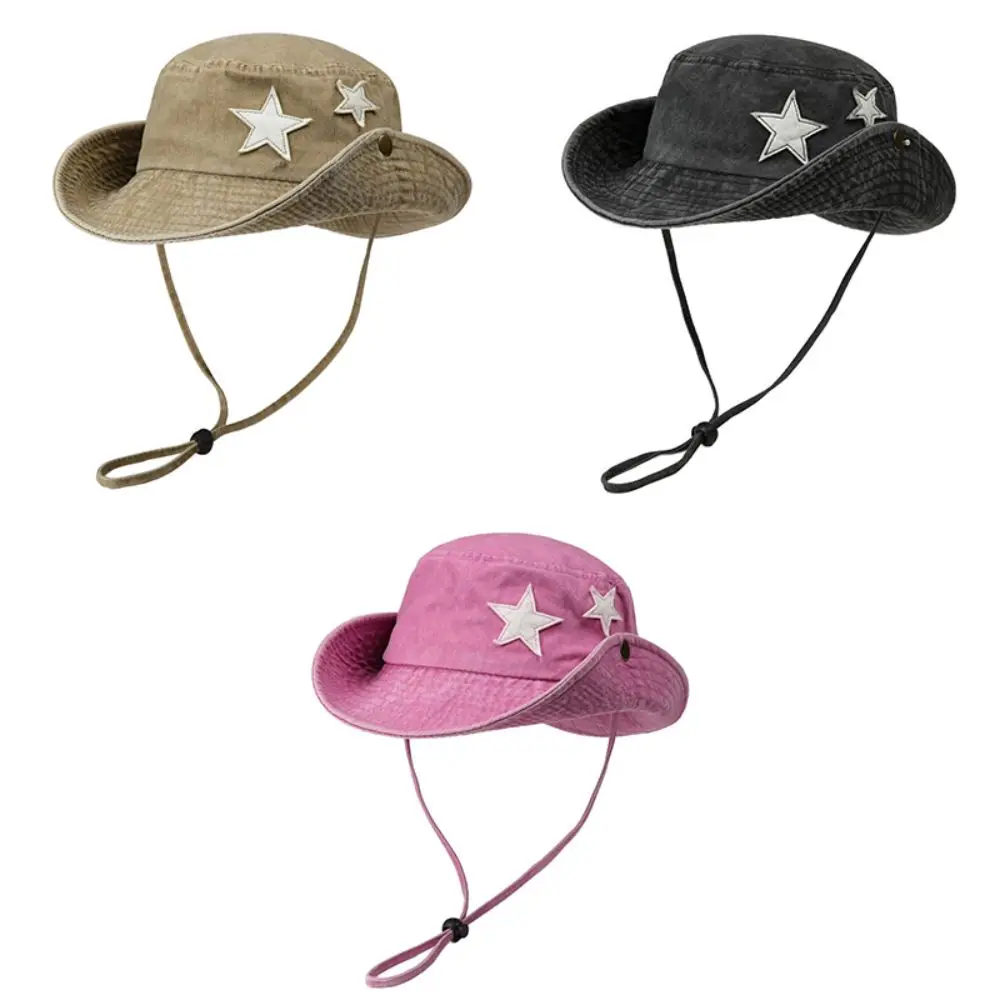 Windproof Vintage Washed Denim Hat Wide Brim Sunscreen Fisherman Hat Drawstring Adjustable Five-pointed Star Embroidery