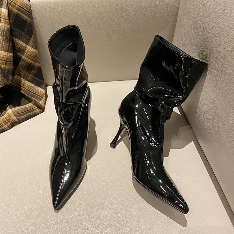 مطوي براءات الاختراع والجلود حذاء من الجلد للنساء مثير أشار تو كعب ستيليتو أحذية السيدات موضة النبيذ الأحمر عالية الكعب فستان أحذية