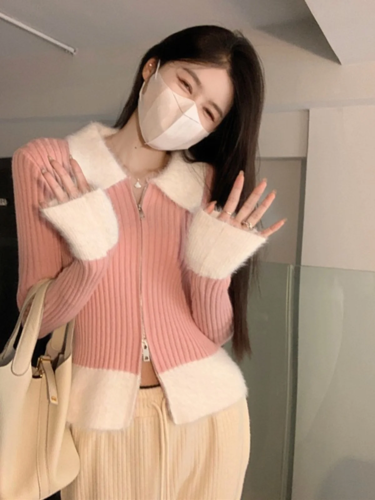 

Розовый пушистый вязаный открытый кардиган с двойной молнией, женский весенний пушистый топ с волнистыми плечами Sweet Sle Long Sve Sli...