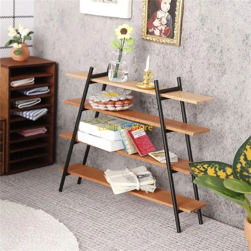 y4qa رف عرض خشبي مع 4 طبقات تخزين لإكسسوارات منزل الدمية 1/12 مقياس مصغرة للأثاث مشهد عرض الدعائم