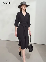 AMII Minimalist Dress Women 2025 Autumn New Elegant Office Lady Lapel V-neck Slim Non-stretch Pleated Knee A-Line Dress 12521027