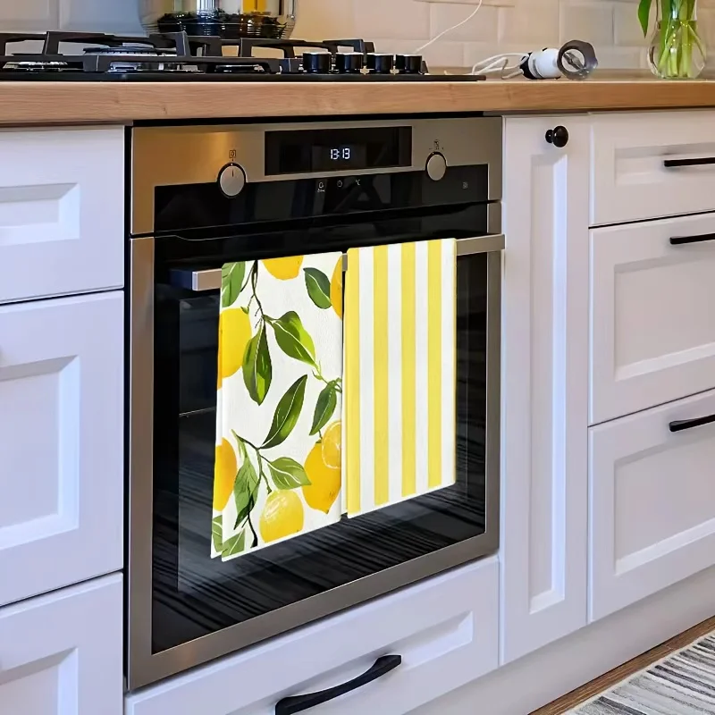 قطعتان من مناشف المطبخ المخططة بالليمون والأصفر والأبيض، مجموعة مناشف 40 سم * 60 سم، قماش تنظيف ناعم فائق الامتصاص، منشفة شاي للطبخ والخبز، منشفة يدوية، قماش تنظيف، ديكور غرفة المطبخ، أساسيات المطبخ، أساسيات المنزل