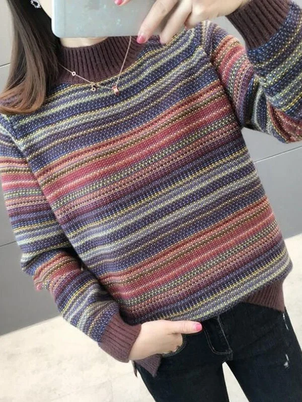 

Color Blo Faionable Loose Women's Knitwear Sweater Spring Autumn New Sle f High Collar Striped Outerwear Trendy