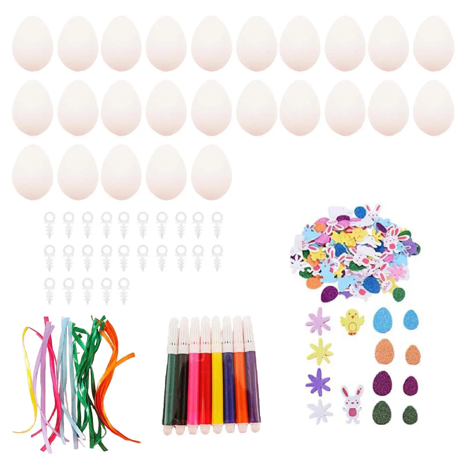 

25 Pieces DIY Unpainted Easter Eggs Kit Decorative Classroom Activity Props with Ribbons and Insert Hooks Holiday Gifts Supplies