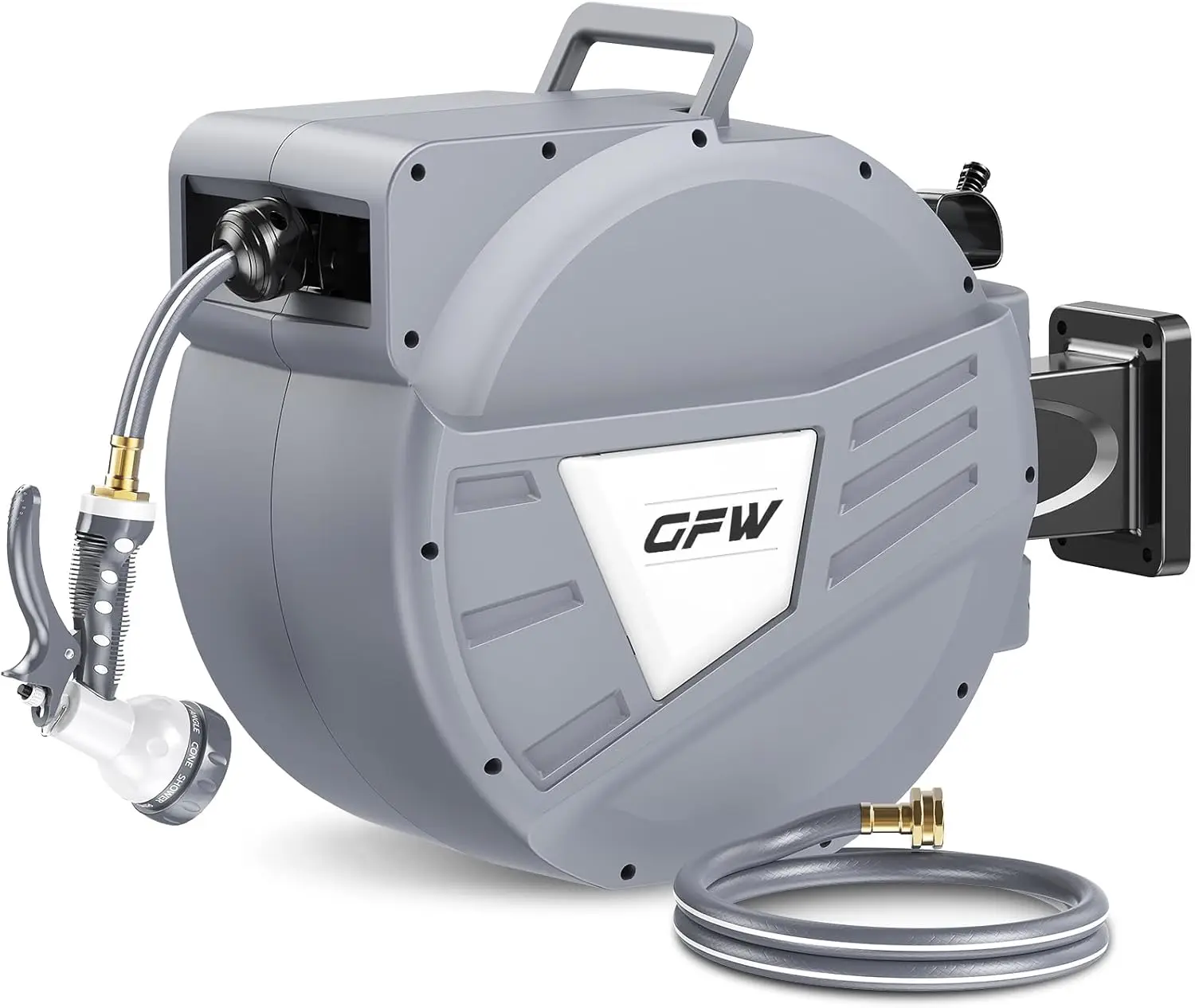 

Retractable Garden Hose Reel, 1/2 Inch x 90 ft Wall Mounted Water Hose Reel with L-shaped and Straight Hose Nozzles