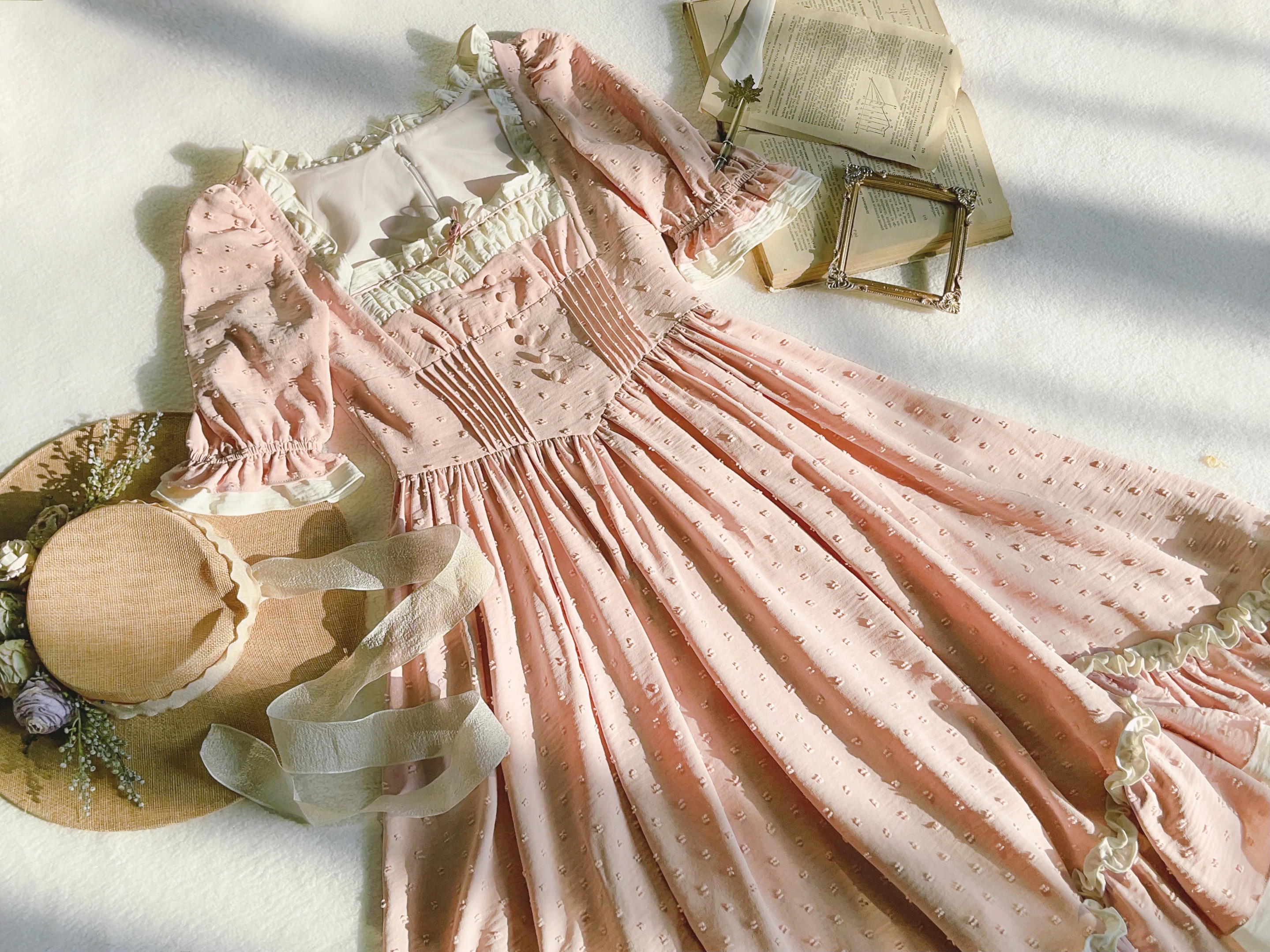 

2026 new Original Retro JK Dress Pink Bubble Sleeve Countryside Light Lolita Women's Fashion Set Polyester Summer Outfit