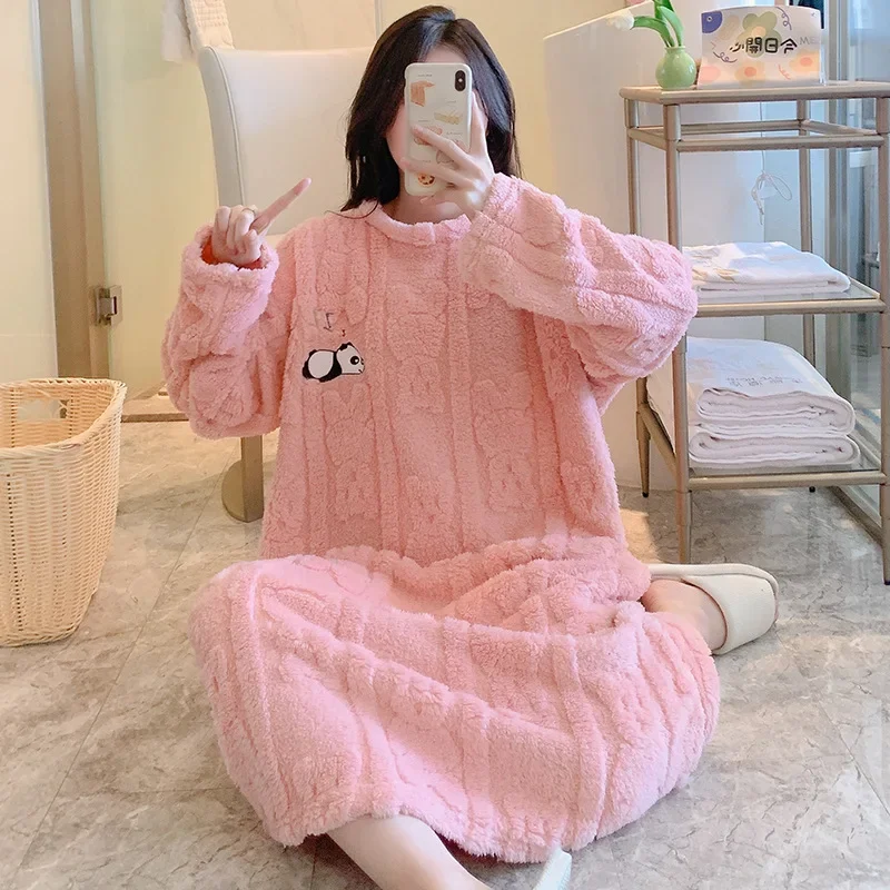 5XL Plus Size Women Sleepwear Winter Flannel Cartoon Nightgown Coral Fleece Thick Warm Pajamas Home Clothes Can Be Worn Outside