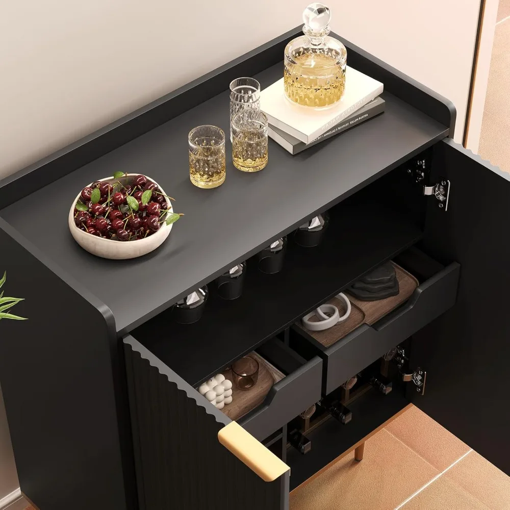 Fluted 2 Door Bar Cabinet with Drawers & Shelf – Stylish Coffee Bar Buffet Cabinet for Your Home