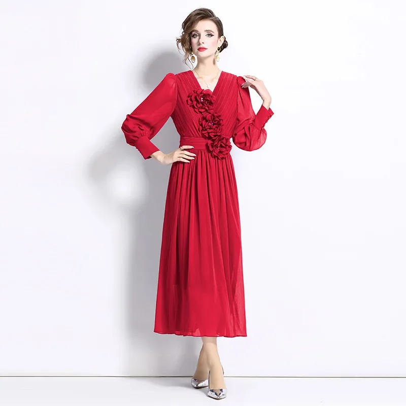 2024 Luxury Pleated Three-dimensional Flower Beaded V-neck Party Dress Long Sleeve Gown