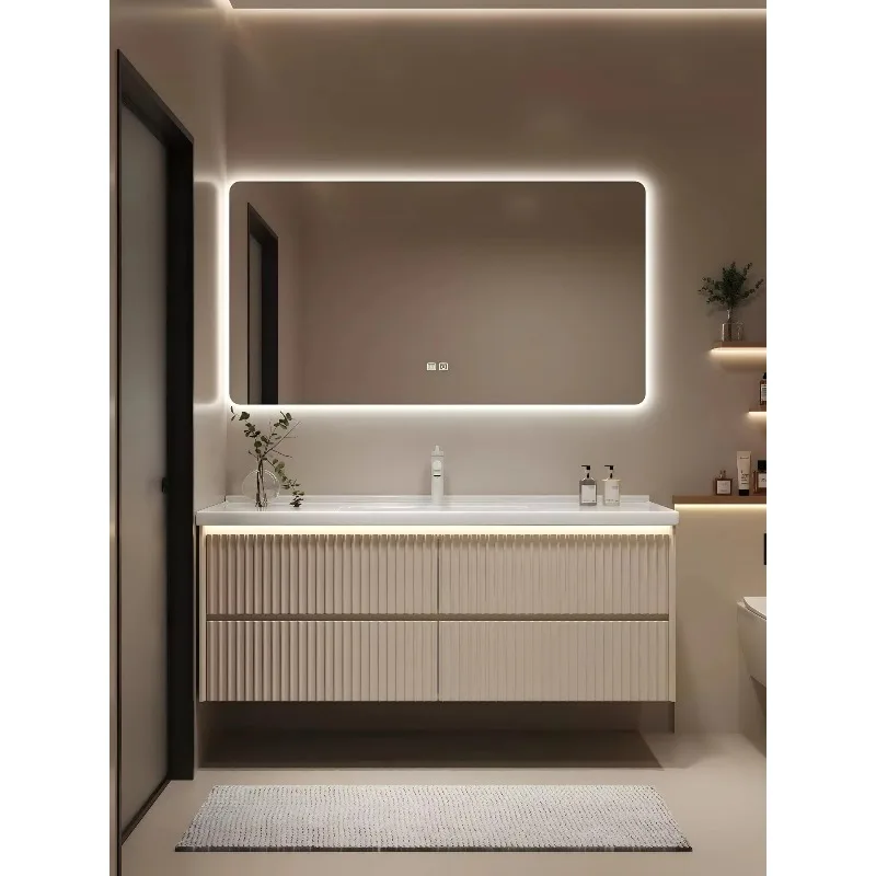 Luxury Modern Cream Bathroom Vanity Combo Integrated Sink-Solid Rubberwood Cabinet Mirror Included High-End Hotel Apartment