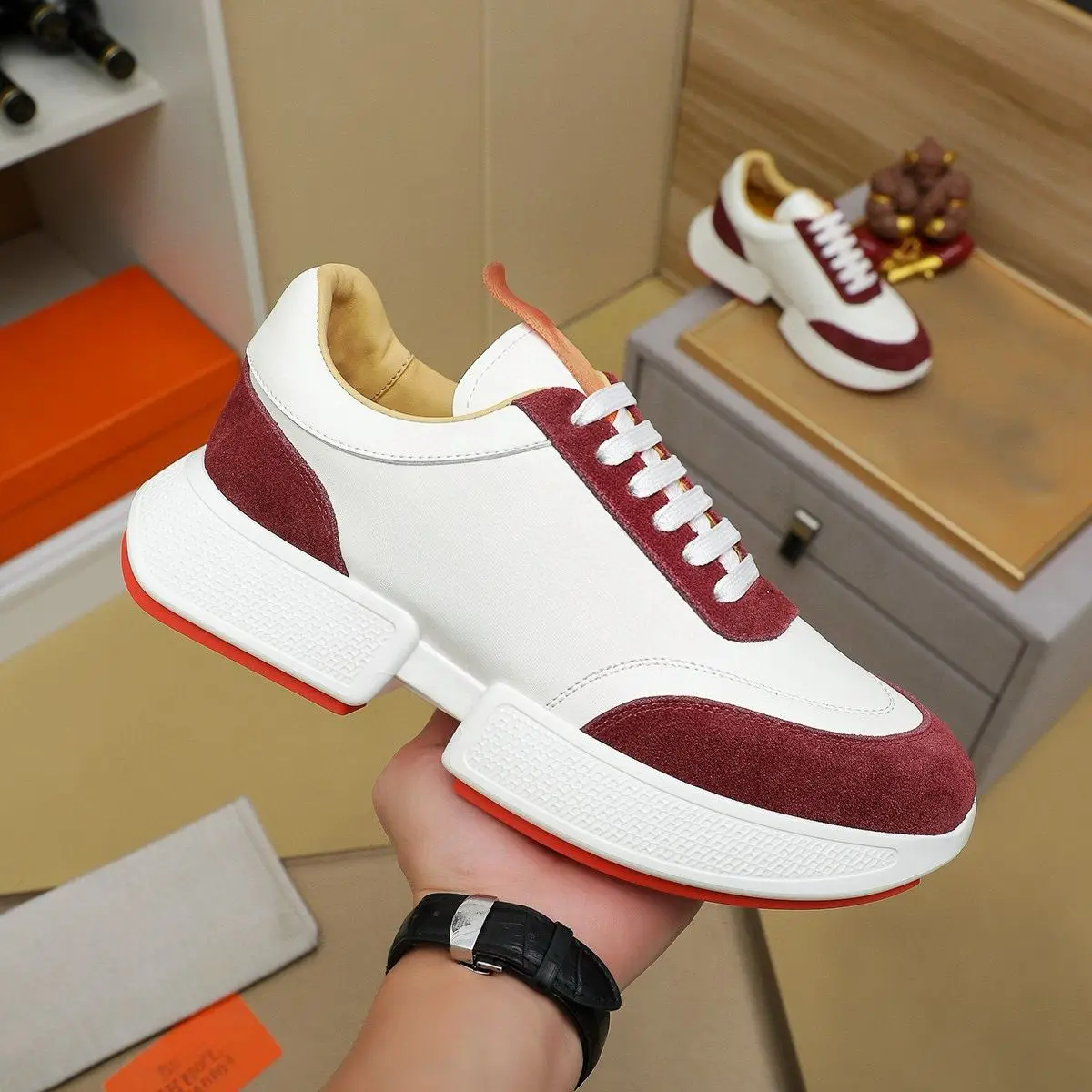 Unisex Lace-up Chunky Casual Sneakers White with Wine Red Splicing Comfort Daily Outdoor Footwear