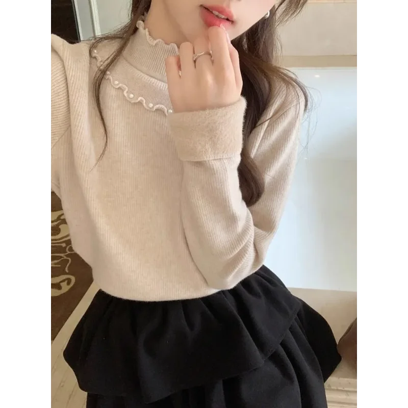 

Velvet Half-turtleneaded Design Top Women Autumn Winter Ear-rimmed One-piece Velvet Bottoming Sweater