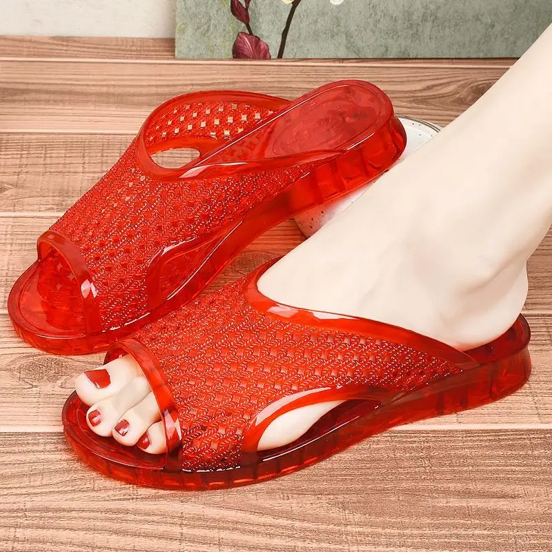 

Women's Red Jelly Slides Transparent Hollow Out Platform Slippers Summer Non-slip Beach Sandals for Indoor Outdoor ﻿
