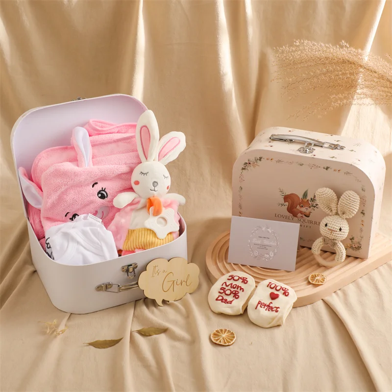 Baby Bath Gift Product Baby Towel Newborn Bath Toy Set Gifts Box Double Sided Cotton Blanket Wooden Rattle Bracelet Crochet Toys