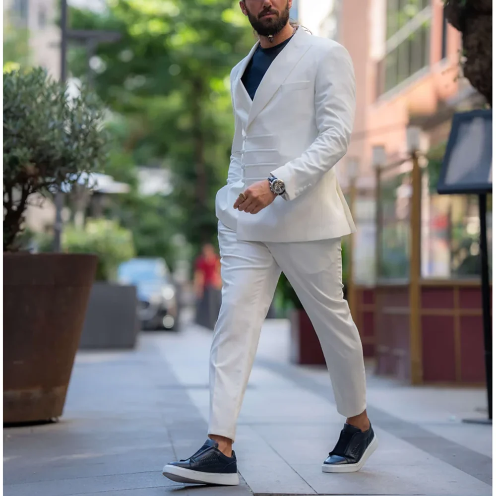 Witte piek revers herenpakken 2-delig nieuwste ontwerp enkele rij knopen outfits smart casual bruiloft smoking (blazer + broek)