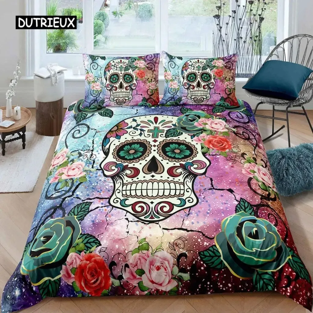 

Sugar Skull Comforter Cover Set Teen Girl Bedding Set,Sugar Skull Decor Bedding Skull Roses Floral Print Duvet Cover Set