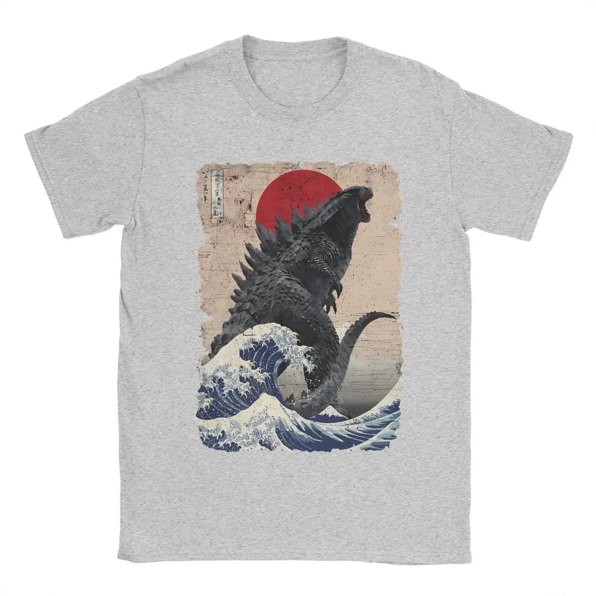 Men Crew Neck Pure Cotton T Shirts Short Sleeve Tees  Unique Japanese Godzillaed Great Wave T-Shirt  4XL 5XL Clothes tshirt