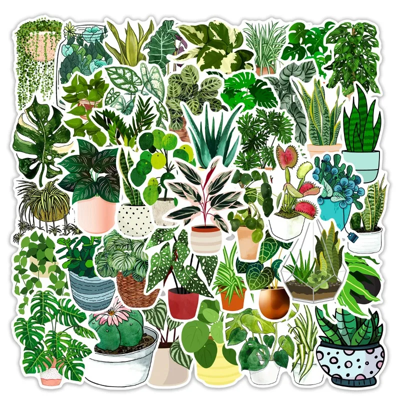 50pcs Green Plant Graffiti Hand Ledger Trolley Case Water Cup Notebook Flower Pot Vase Decorative Waterproof Sticker