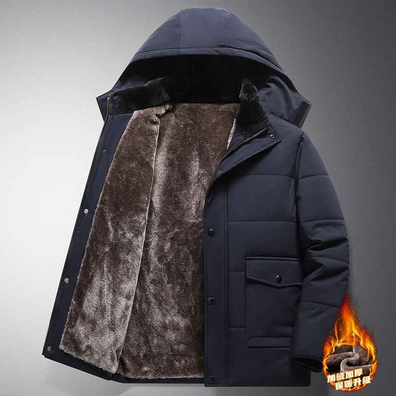 Winter Fleece Jackets Men Outdoor Detachable Cap Padded Jackets Windproof Warm Hooded Parkas Solid Black Winter Coats Male