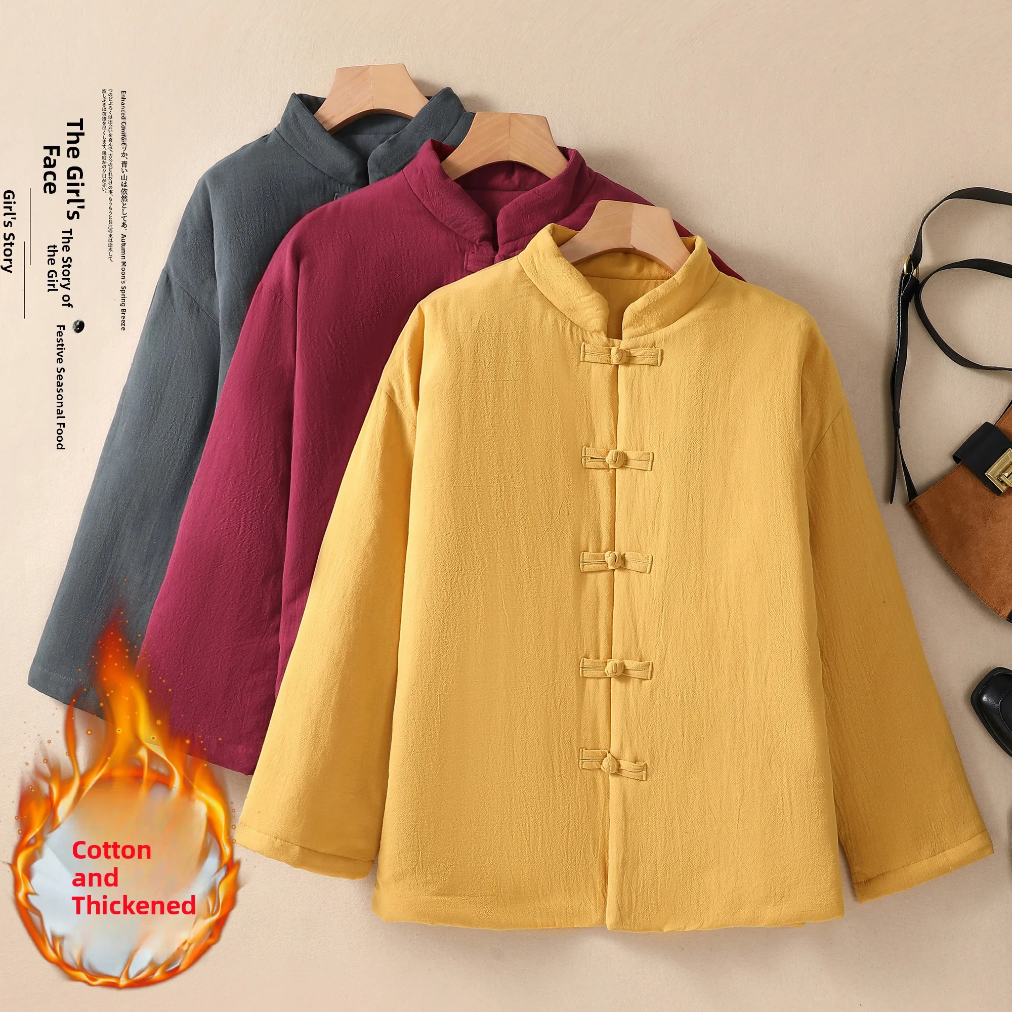 

Loose Fit Cotton Padded Jaet Thiened Tai Chi Sle Women's Retro Coat Linen Cotton Blend Color Long Sve Stand Co...