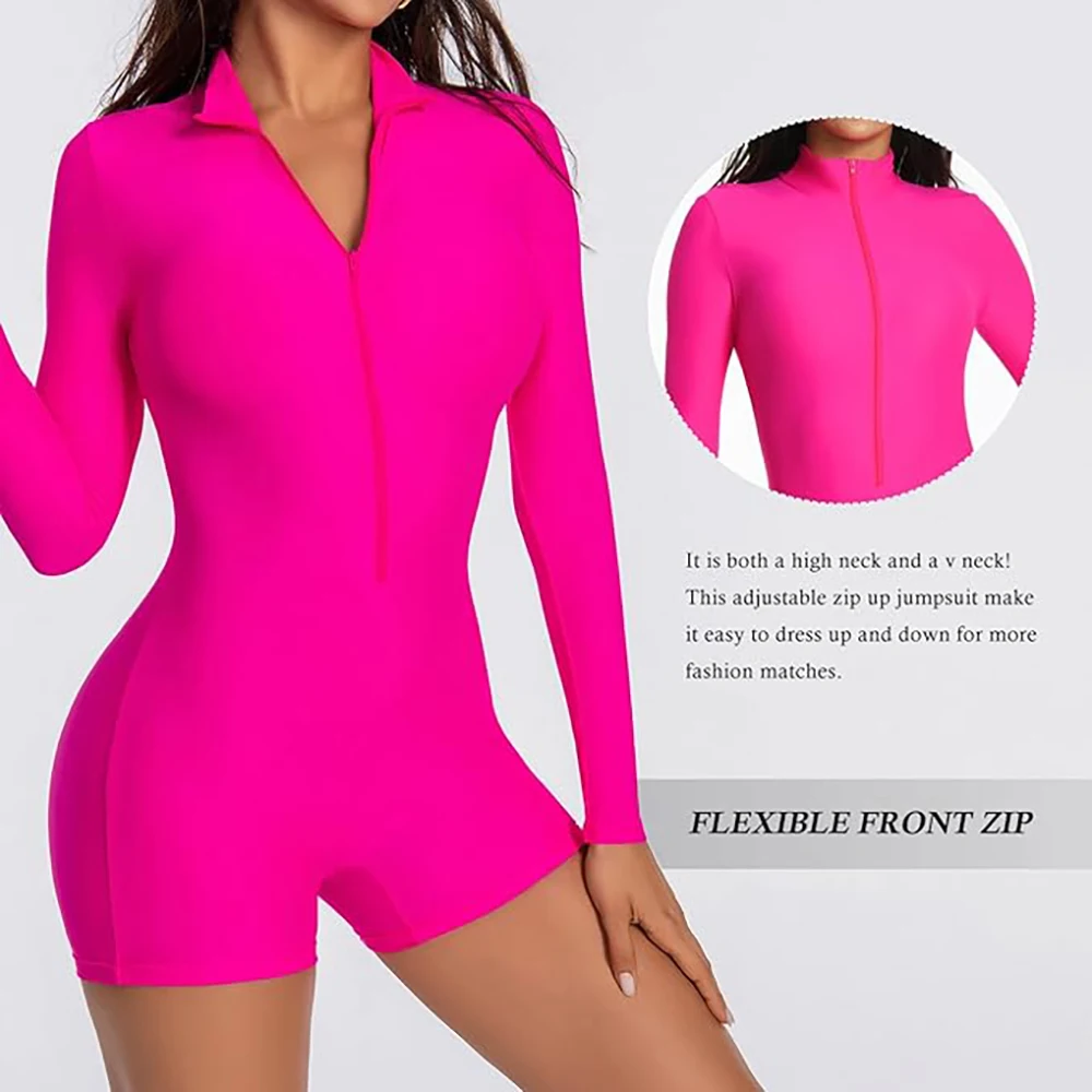SPEERISE Women Long Sleeve One Piece Jumpsuit Short Pants Leotard Romper Sexy Zip Front Workout Bodysuit Athletic Casual Yoga