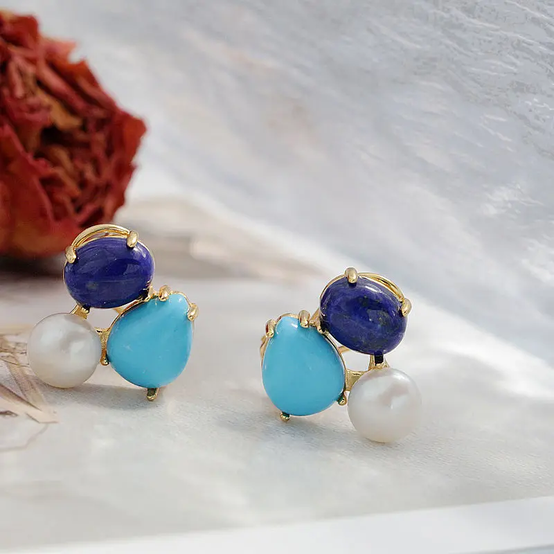 Authentic 925 Sterling Silver Earring Inlaid Natural lapis lazuli Freshwater Pearl Fashion Creative 18K Gold-Plated Earring Gift