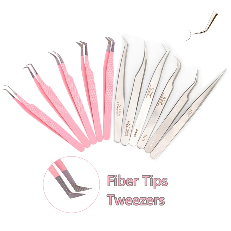 Custom Logo Eyelash Tweezers Pink Stainless Steel Superhard Tweezers With Fiber Tips High Precision Anti-Static Makeup Tweezers