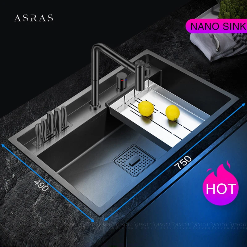 ASRAS-fregadero de acero inoxidable 304, nanómetro escalonado de lujo, 4mm de espesor, 220mm de profundidad, tamaño grande, hecho a mano