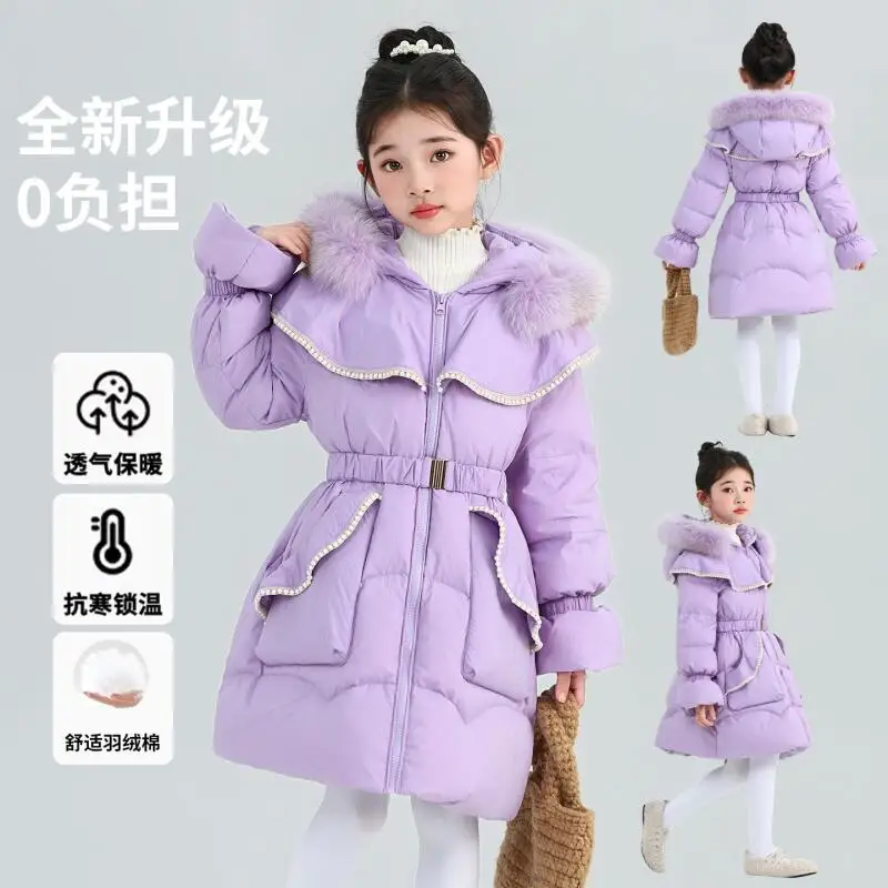 Girls Winter Cotton Jackets Coat Princess Style Kids Zipper Hooded Jacket Thickened Warm Long Outwears Teenager Casual Parkas