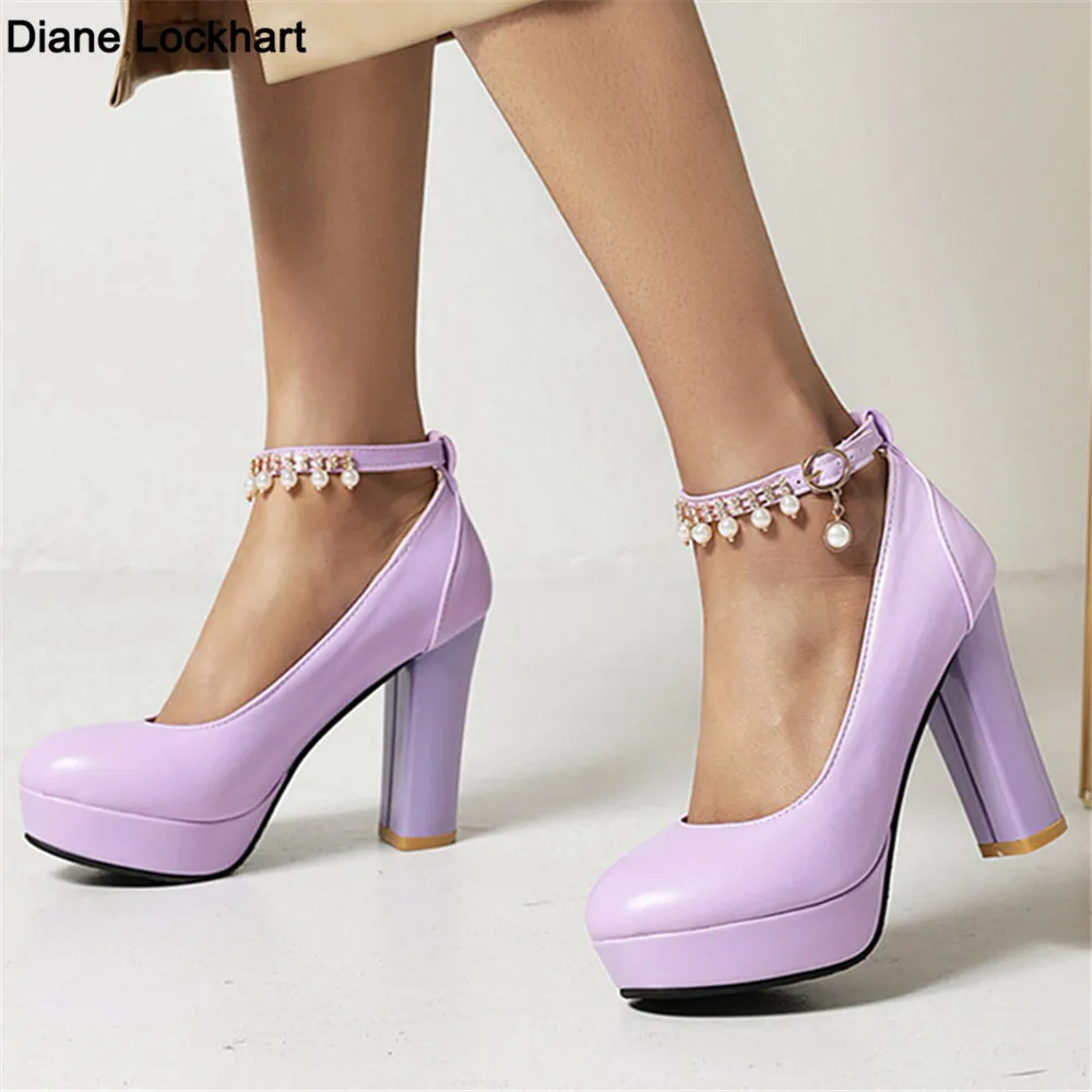 

Square High Heels Women Platform Pumps Spring Autumn Beaded Strap Buckle Round Toe Dress Wedding Shoes Purple White Black Blue