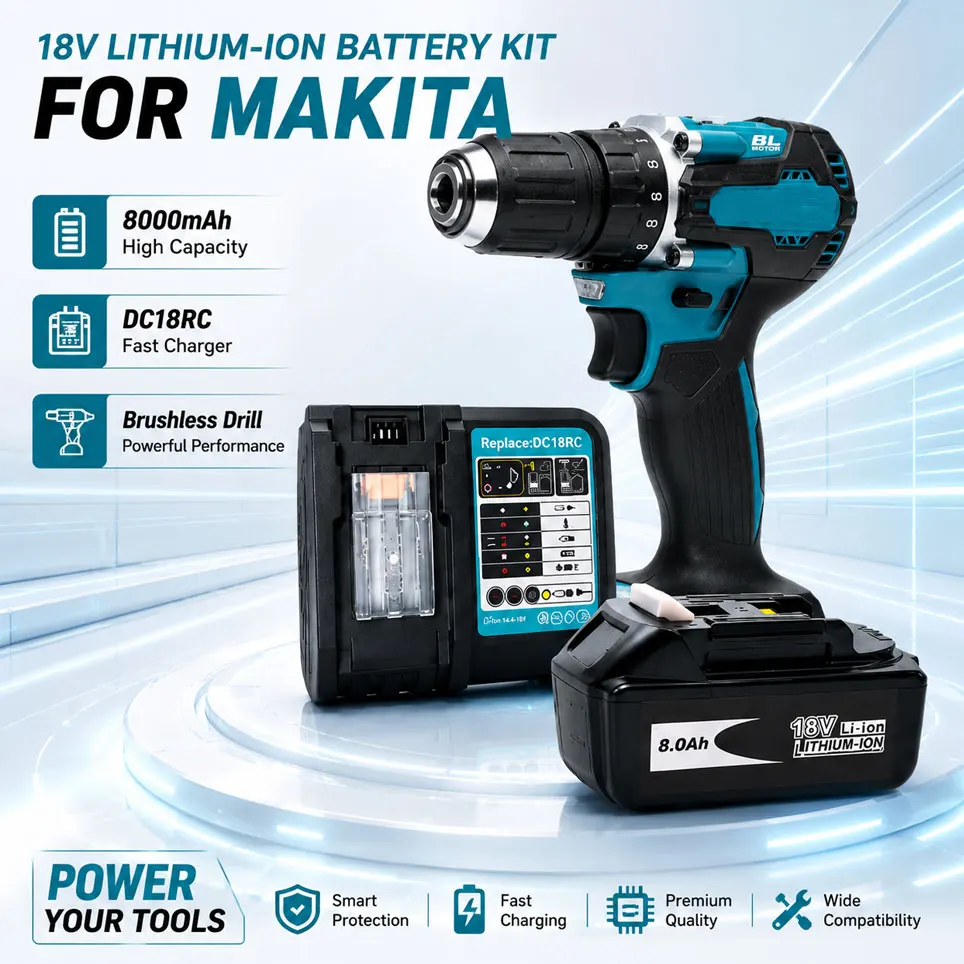 Universal-Ladegerät 18V 8000mAh BL1860B Li-Ionen-Akku, kompatibles Ersatz-Kit für Elektrobohrer DDF487 für Makita Akku-Werkzeuge