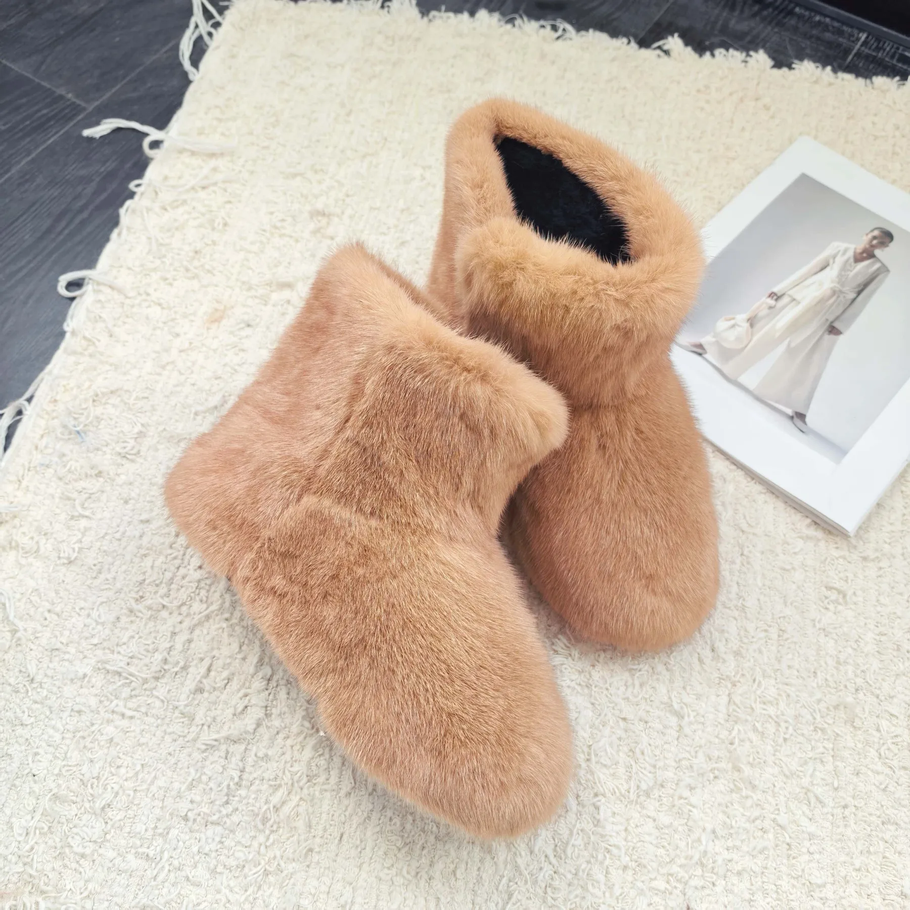 Genuine Mink Fur Ankle Boots Women Winter Warm Fur Booties Flat Snow Boots Soft Fluffy Short Booties Women's Boots Trend 2026