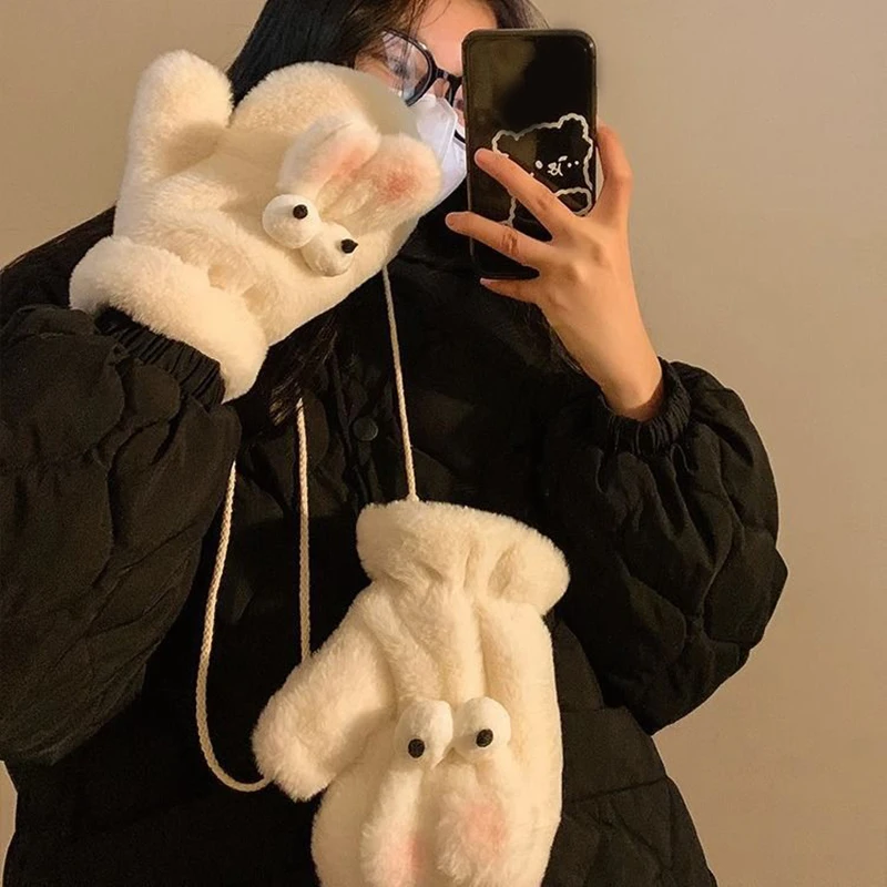 Cute Rabbit Fur Furry Mittens Plush Fingerless Gloves Windproof Hanging Neck Mittens For Girls
