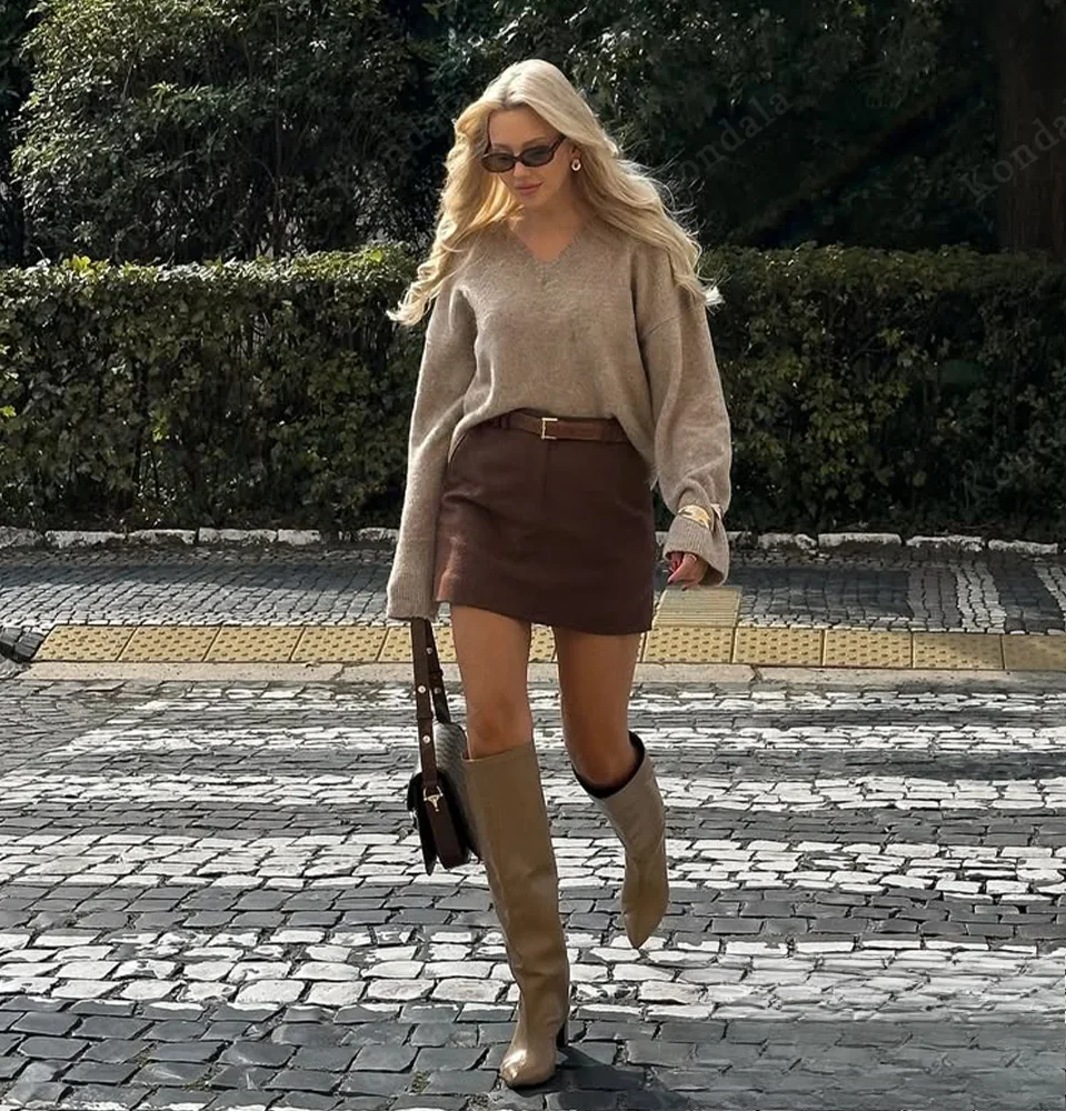 

KONDALA осенний женский повседневный шикарный вязаный свитер пуловер с v-образным вырезом свободный свитер мода 2025 осень-зима элегантный простой женский вязаный свитер