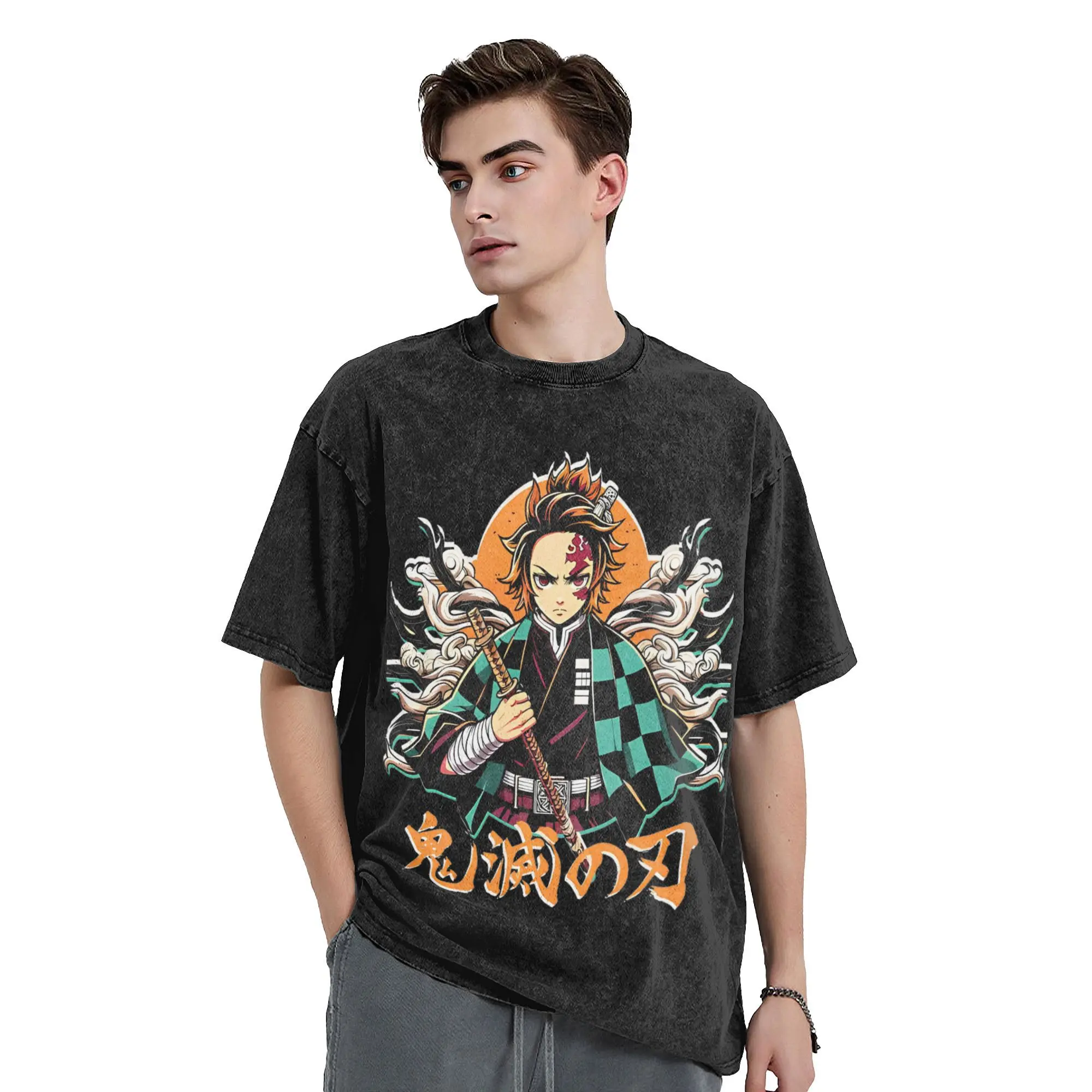 Washed T Shirt Kamado Tanjiro Anime T-Shirts High Street Demon Slayer Streetwear 100% Cotton Printed Tops Tees for Men Women