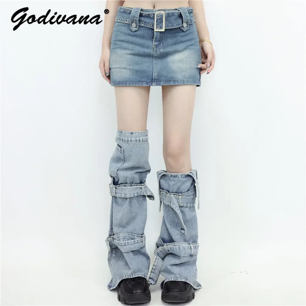 

American Hiphop Streetwear Hot Girl Washed Denim Leg Warmer Knee Length Strap Pile Style Foot Sock Fashion Streetwear Leg Cover